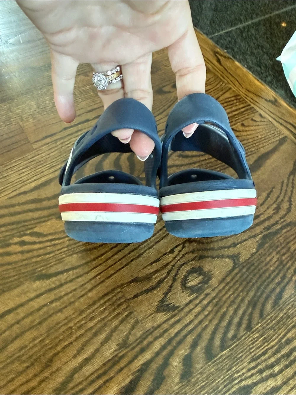 CROCS Kids Navy bayaband Sandal with Red and White Trim